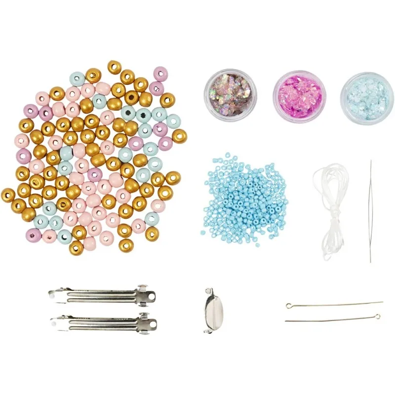 Mini Kreativ Set Schmuck, Halskette, Armband, Clips, Brosche, Blau, Hellblau, Pastellpink, 1 Pck