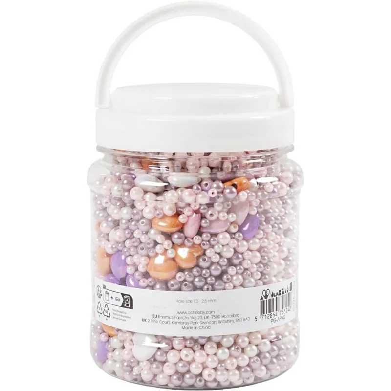 Wachsperlen, Lochgröße 1,3-2,5 mm, ca. 5500 Stk, Pastellorange, Rosa mattiert, Helllila, Perlmutt, 425 g, 700 ml/ 1 Dose