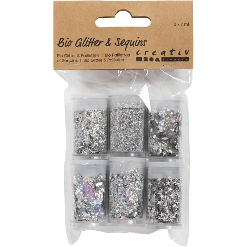 Biologisch abbaubarer Sparkles & Pailletten, Silber, 6x7 ml/ 1 Pck