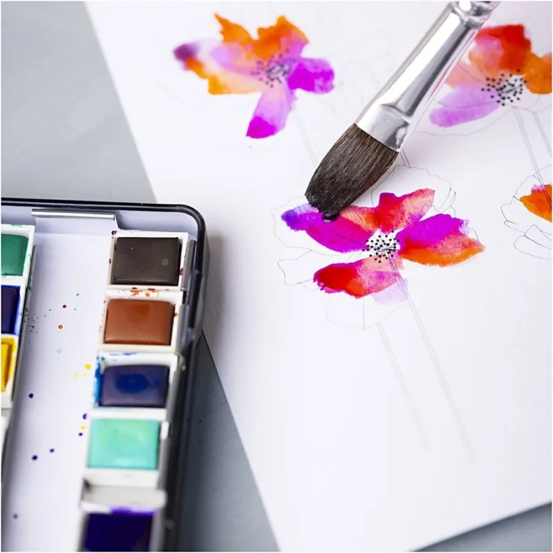 Art Aquarellfarben, Halbwannen, Blumen und Landschaften, Größe 10x15x20 mm, Sortierte Farben, 12 Farbe/ 1 Stk