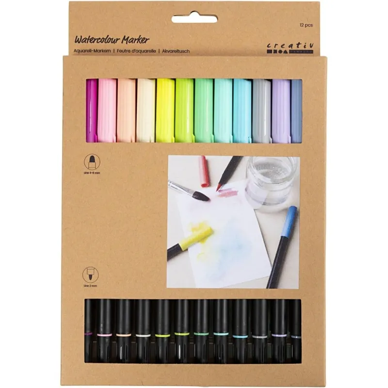 Aquarell-Filzstifte, Pastellfarben, Strichstärke 2+4-8, Sortierte Farben, 12 Stk/ 1 Pck