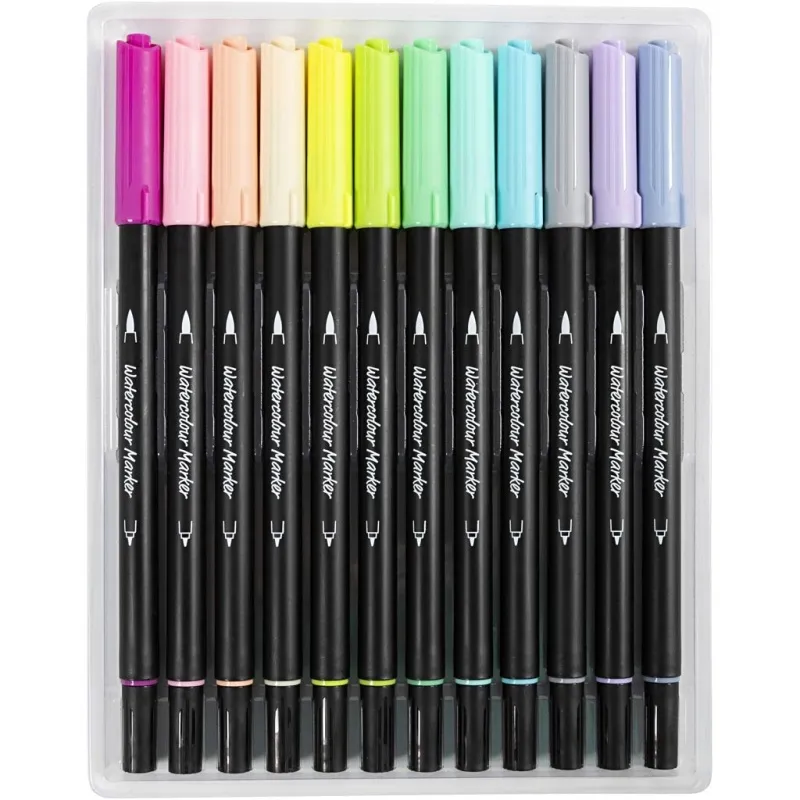 Aquarell-Filzstifte, Pastellfarben, Strichstärke 2+4-8, Sortierte Farben, 12 Stk/ 1 Pck