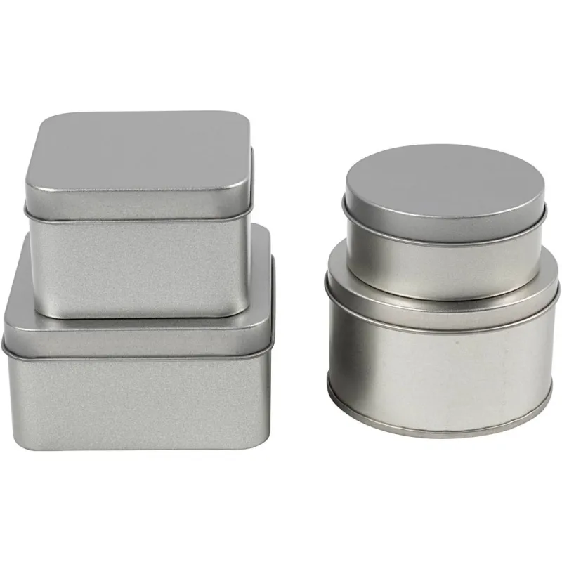 Metalldose, Rund und quadratisch, H 3-4,5 cm, D 6,5+7,5 cm, Größe 7x7+8,5x8,5 cm, Grau Metall, 4 Stk/ 1 Pck