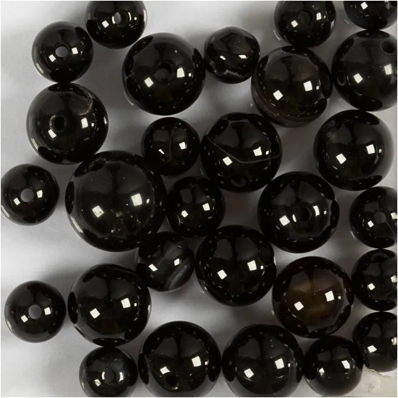 Achat Steinperlen, D 6+8+10 mm, Lochgröße 0,9-1 mm, Schwarz, 28 Stk/ 1 Pck