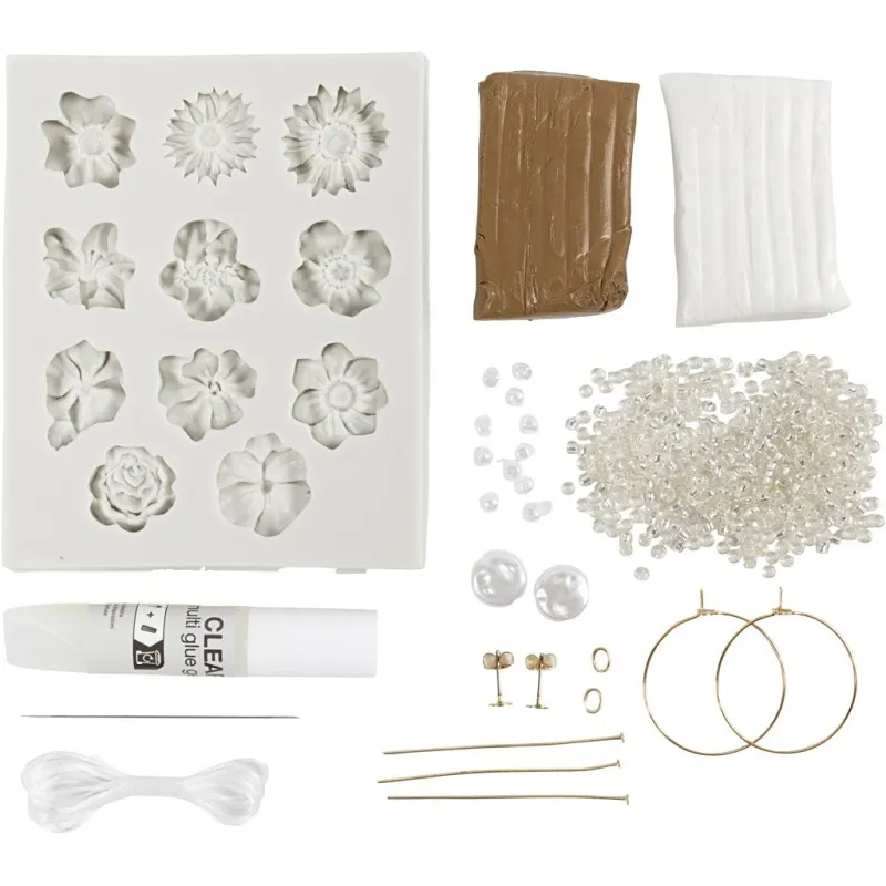 Mini Kreativ Set Schmuck, Ohrringe, Armband und Halskette im Blumendesign, Beige, Hellbeige, Beige, 1 Pck