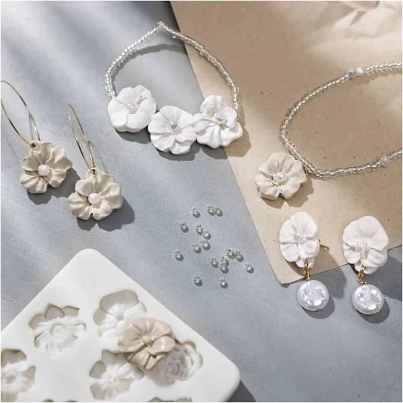 Mini Kreativ Set Schmuck, Ohrringe, Armband und Halskette im Blumendesign, Beige, Hellbeige, Beige, 1 Pck