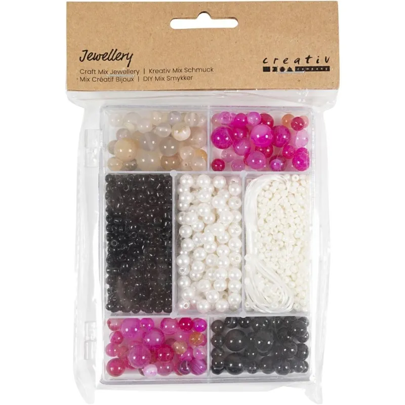Kreativ Mix Schmuck, Achate, Größe 2,6-10 mm, Lochgröße 0,8-1,8 mm, ca. 2740 Stk, Beige, Schwarz, Pink, Perlmuttweiß, 1 Pck