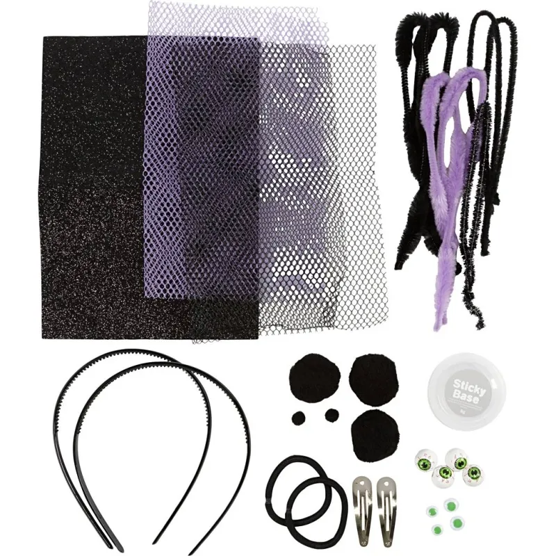 Mini Kreativ Set Gruseliges Kostüm, Haarbänder, Haarspangen und Haargummis, Schwarz, Flieder, 1 Pck