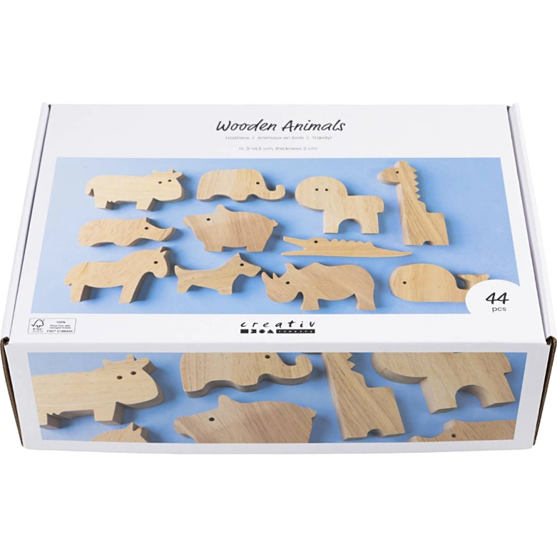 Holztiere, Bauernhof und Safari, H 3-14,5 cm, Dicke 2 cm, 44 Stk/ 1 Pck