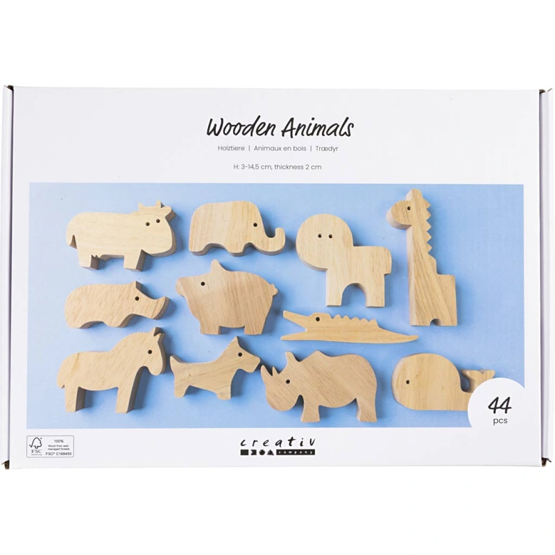 Holztiere, Bauernhof und Safari, H 3-14,5 cm, Dicke 2 cm, 44 Stk/ 1 Pck