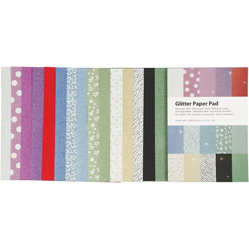 Papierblätter mit Glitter, A4, Blatt 210x297 mm, 150 g, 30 Bl./ 1 Stk