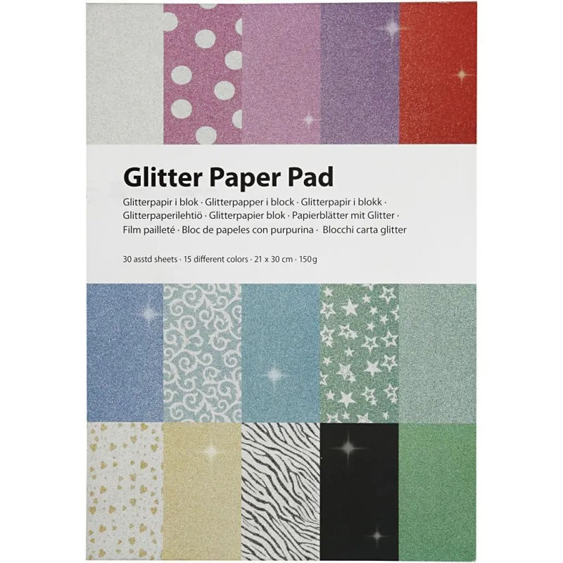 Papierblätter mit Glitter, A4, Blatt 210x297 mm, 150 g, 30 Bl./ 1 Stk