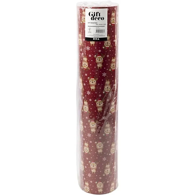 Geschenkpapier, Rentier mit Schal, B 50 cm, 80 g, Dunkelrot, 100 m/ 1 Rolle
