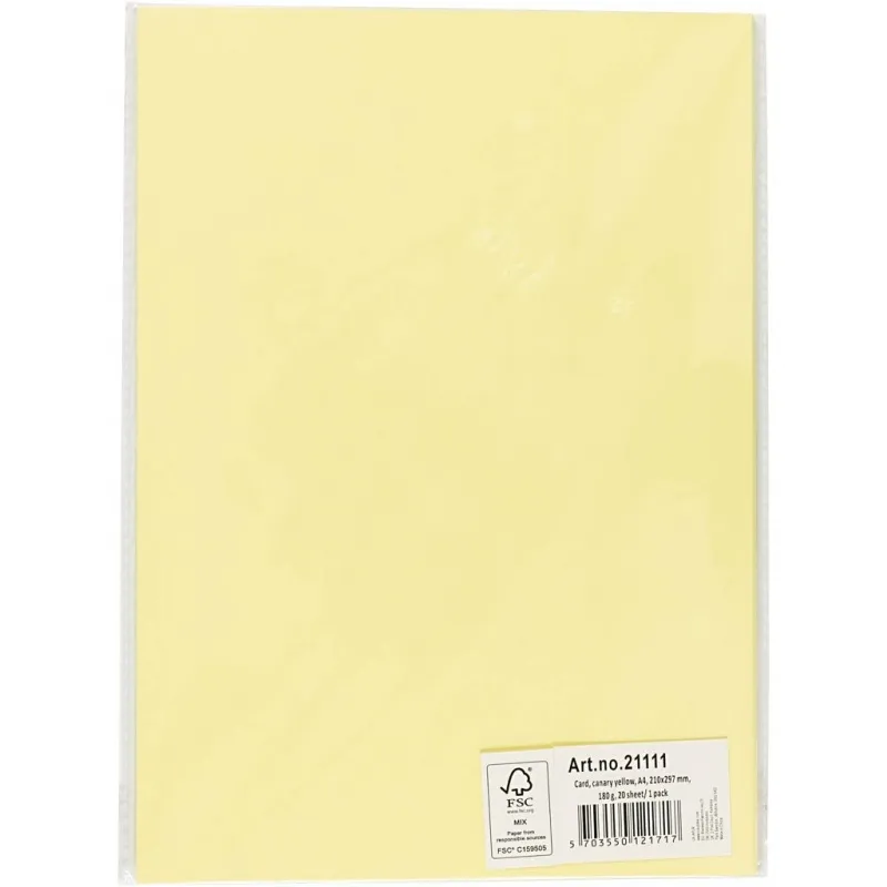 Bastelkarton, A4, Blatt 210x297 mm, 180 g, Hellgelb, 20 Bl./ 1 Pck