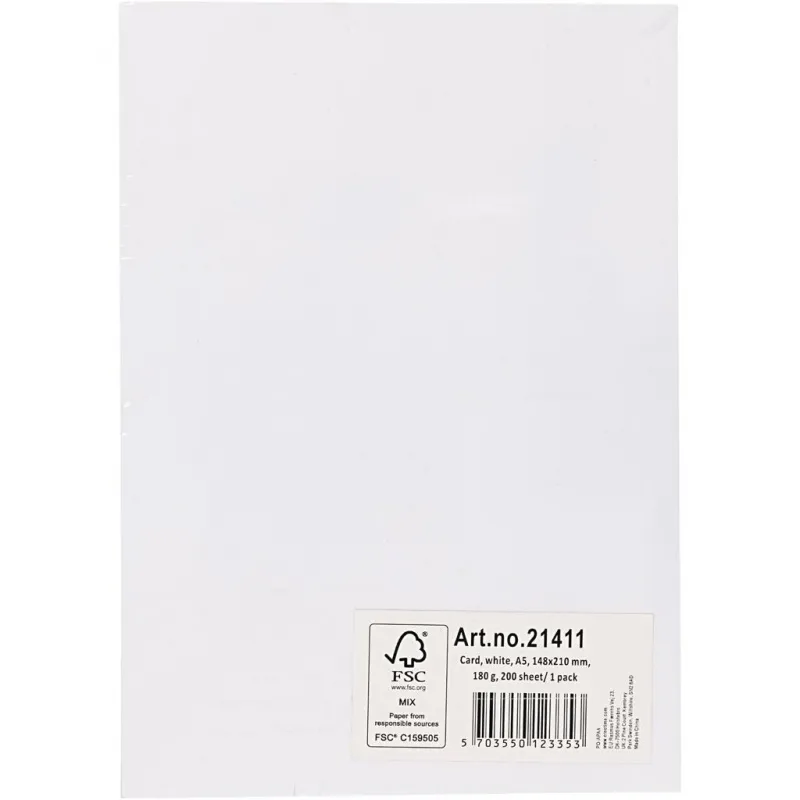 Bastelkarton, A5, Blatt 148x210 mm, 180 g, Weiß, 200 Bl./ 1 Pck