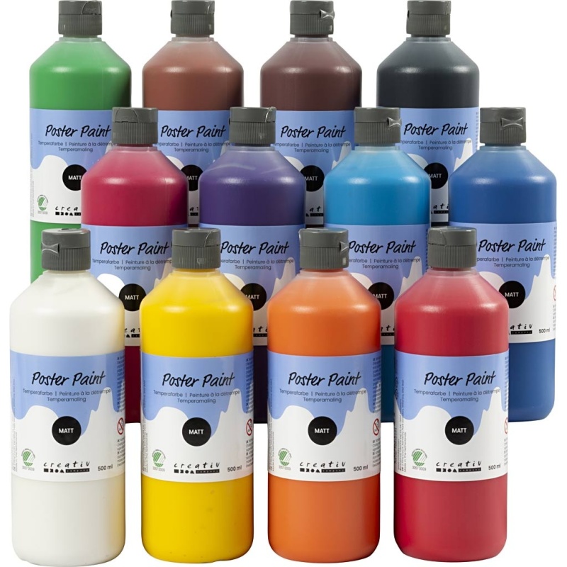 Temperafarbe, Matt, Halbdeckend, Sortierte Farben, 12x500 ml/ 1 Pck
