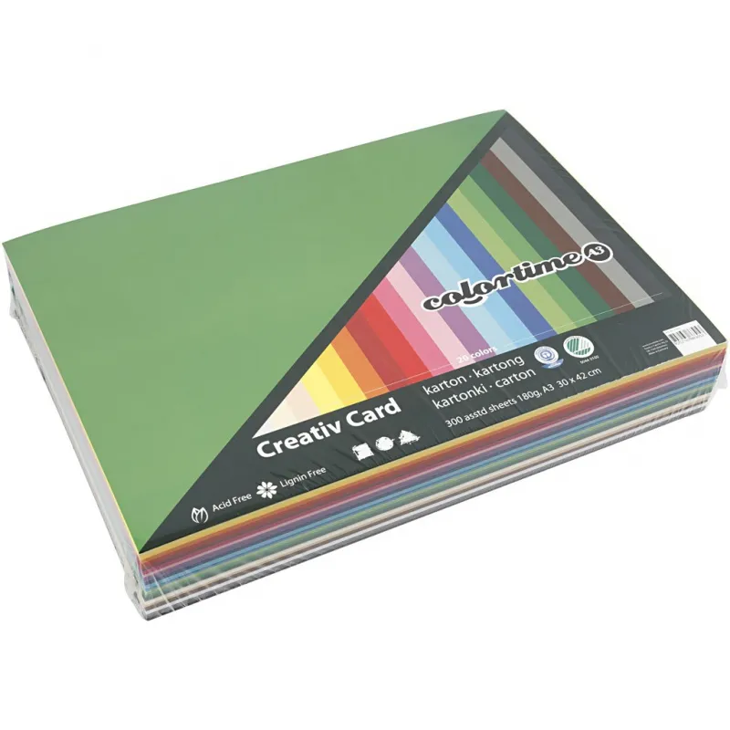 Bastelkarton, farbig, A3, Blatt 297x420 mm, 180 g, Sortierte Farben, 300 Bl. sort./ 1 Pck