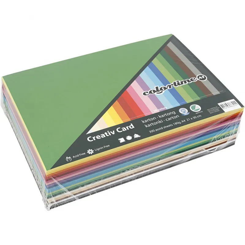 Bastelkarton, farbig, A4, Blatt 210x297 mm, 180 g, Sortierte Farben, 300 Bl. sort./ 1 Pck