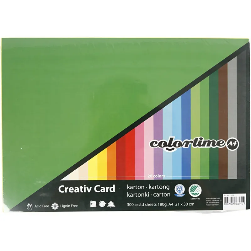 Bastelkarton, farbig, A4, Blatt 210x297 mm, 180 g, Sortierte Farben, 300 Bl. sort./ 1 Pck