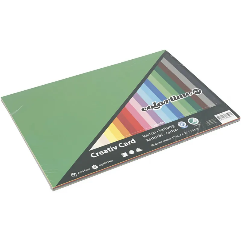 Bastelkarton, farbig, A4, Blatt 210x297 mm, 180 g, Sortierte Farben, 30 Bl. sort./ 1 Pck