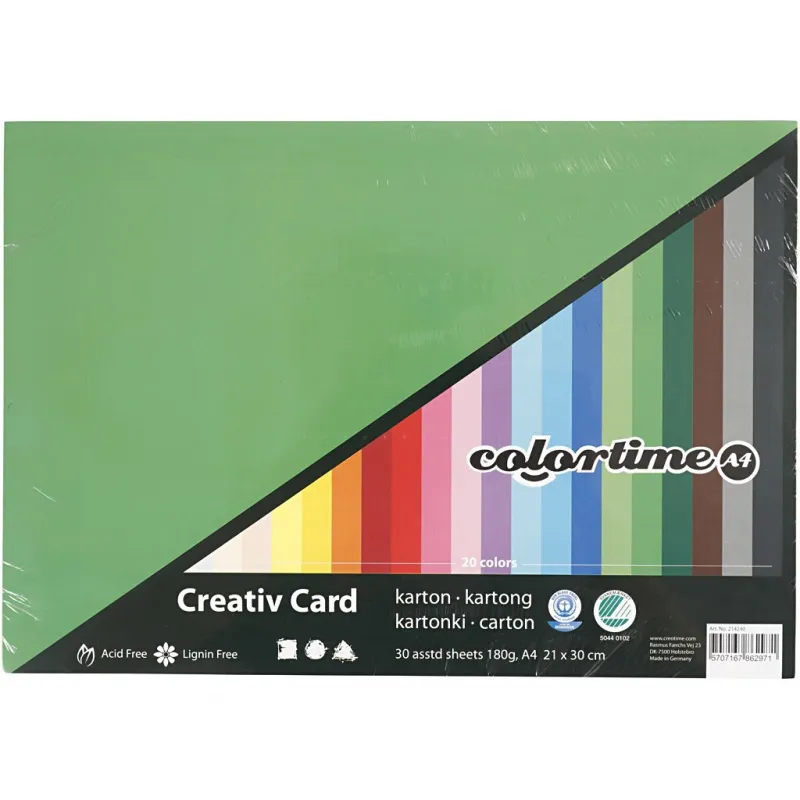 Bastelkarton, farbig, A4, Blatt 210x297 mm, 180 g, Sortierte Farben, 30 Bl. sort./ 1 Pck