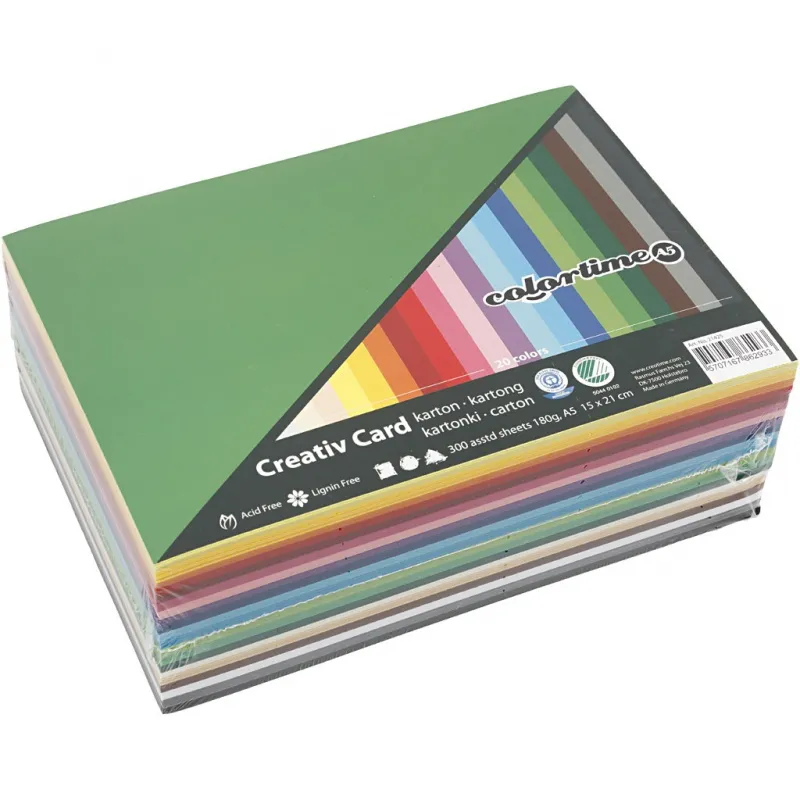 Bastelkarton, farbig, A5, Blatt 148x210 mm, 180 g, Sortierte Farben, 300 Bl. sort./ 1 Pck