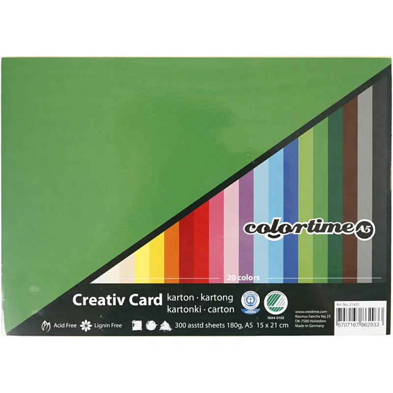 Bastelkarton, farbig, A5, Blatt 148x210 mm, 180 g, Sortierte Farben, 300 Bl. sort./ 1 Pck