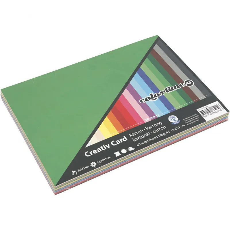 Bastelkarton, farbig, A5, Blatt 148x210 mm, 180 g, Sortierte Farben, 60 Bl. sort./ 1 Pck
