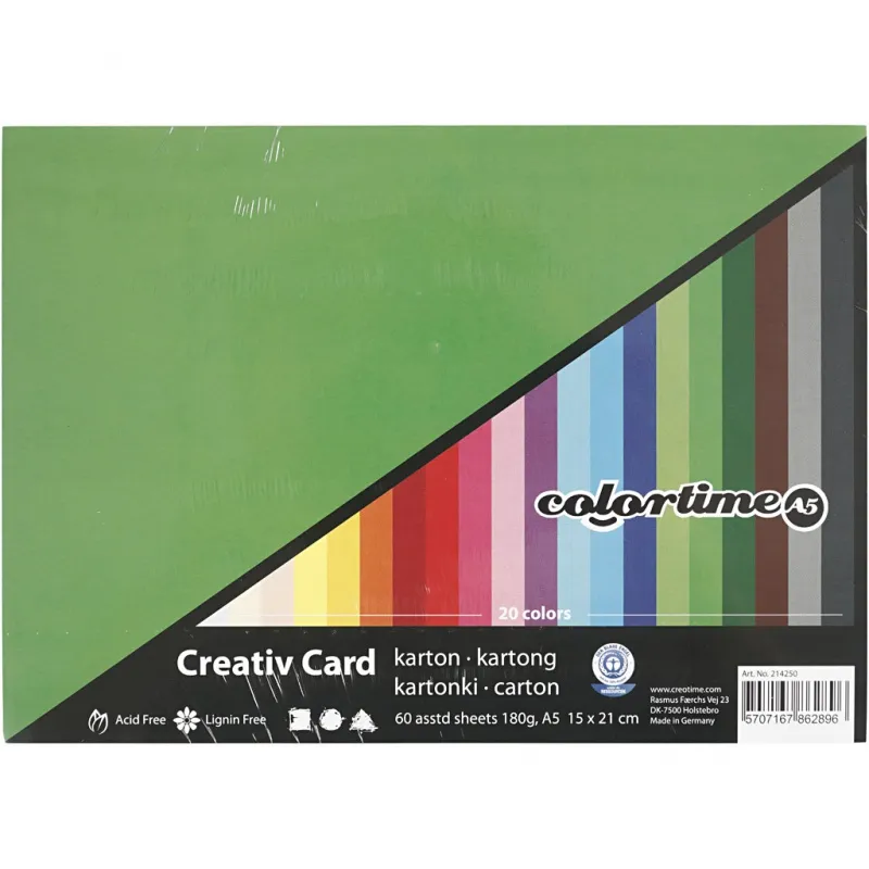 Bastelkarton, farbig, A5, Blatt 148x210 mm, 180 g, Sortierte Farben, 60 Bl. sort./ 1 Pck