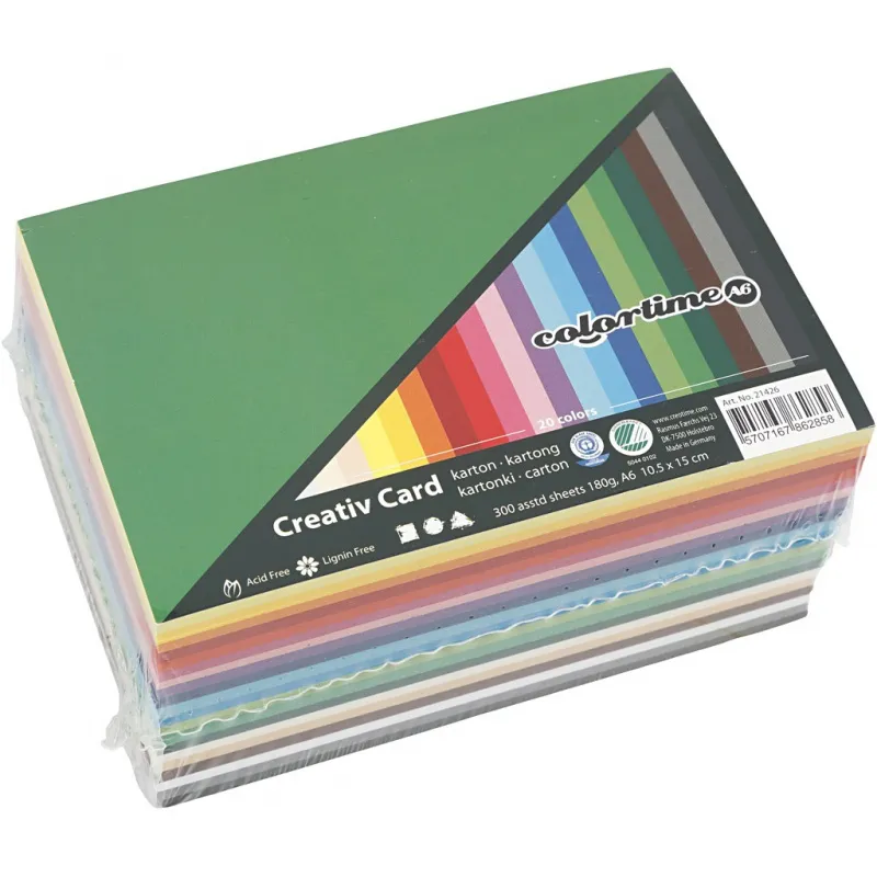 Bastelkarton, farbig, A6, Blatt 105x148 mm, 180 g, Sortierte Farben, 300 Bl. sort./ 1 Pck