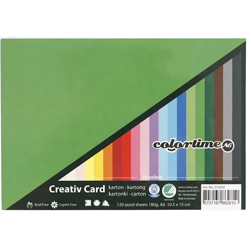 Bastelkarton, farbig, A6, Blatt 105x148 mm, 180 g, Sortierte Farben, 120 Bl. sort./ 1 Pck