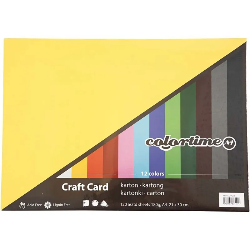 Farbkarton, A4, Blatt 210x297 mm, 180 g, Sortierte Farben, 12x10 Bl./ 1 Pck