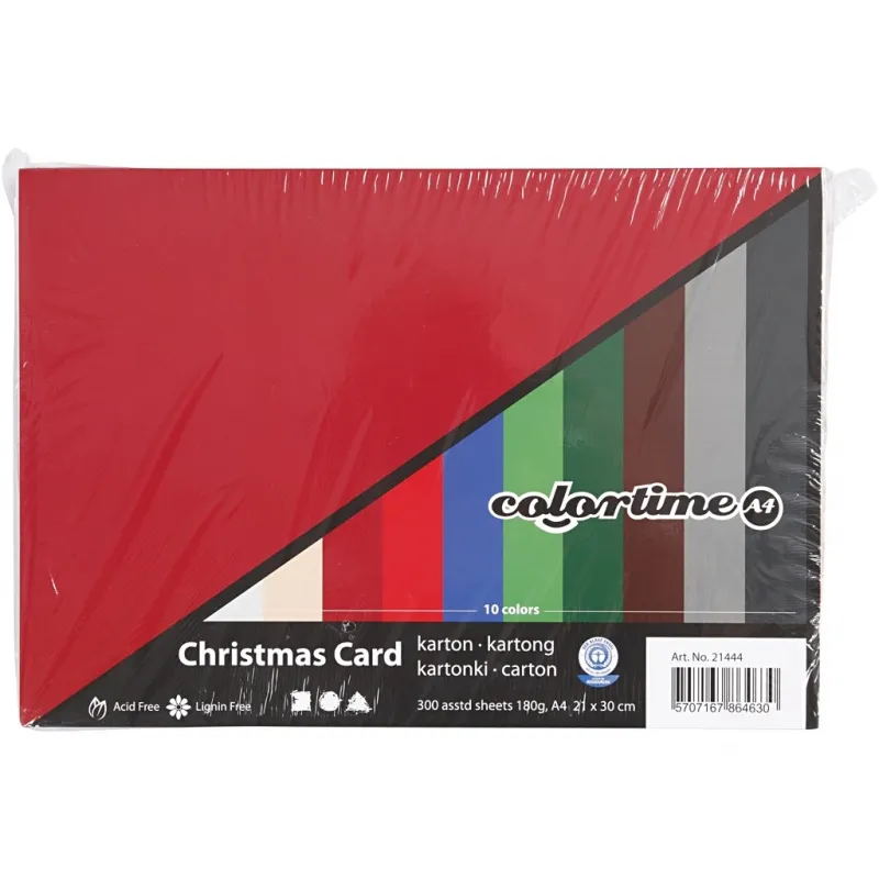 Bastelkarton Weihnachten, A4, Blatt 210x297 mm, 180 g, Sortierte Farben, 300 Bl. sort./ 1 Pck