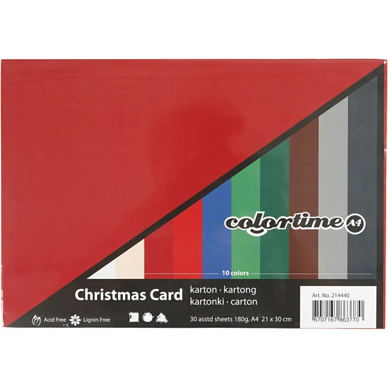 Bastelkarton Weihnachten, A4, Blatt 210x297 mm, 180 g, Sortierte Farben, 30 Bl. sort./ 1 Pck