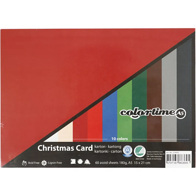 Bastelkarton Weihnachten, A5, Blatt 150x210 mm, 180 g, Sortierte Farben, 60 Bl. sort./ 1 Pck