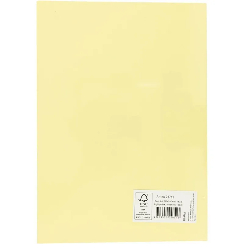 Bastelkarton, A4, Blatt 210x297 mm, 180 g, Hellgelb, 100 Bl./ 1 Pck