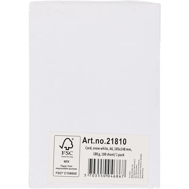 Bastelkarton, A6, Blatt 105x148 mm, 180 g, Weiß, 100 Bl./ 1 Pck