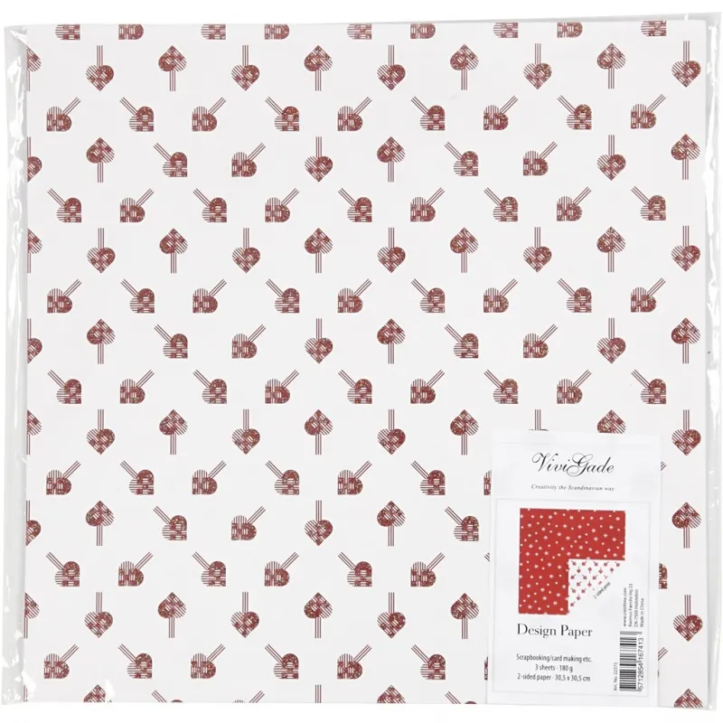 Design-Papier - Sortiment, Herzen / Eiskristalle, Blatt 30,5x30,5 cm, 180 g, 3 Bl./ 1 Pck