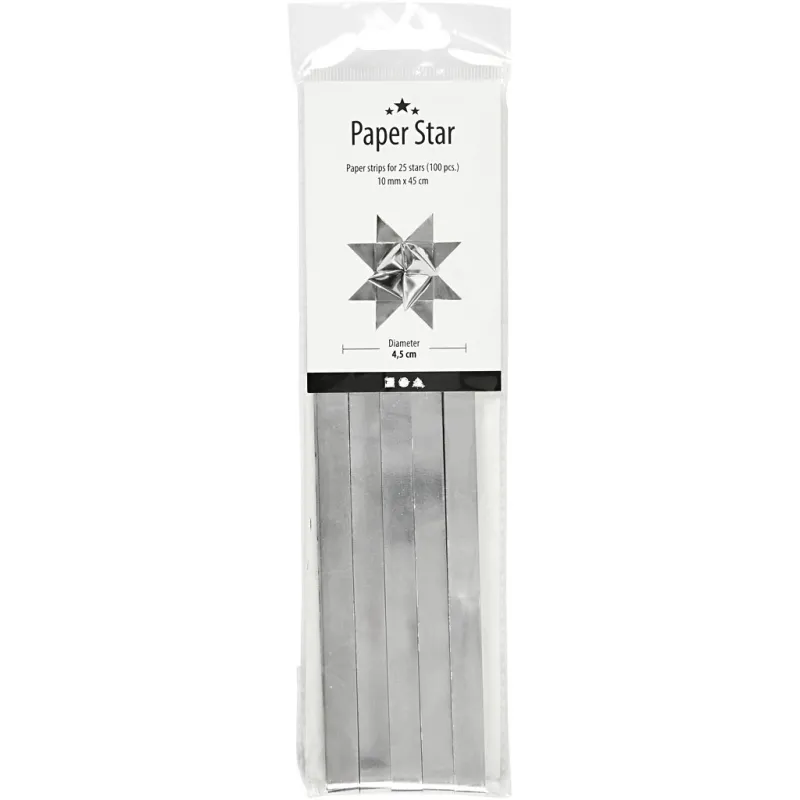 Papierstreifen für Sterne, L 45 cm, D 4,5 cm, B 10 mm, Silber, 100 Streifen/ 1 Pck