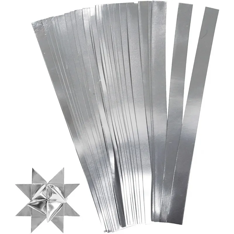 Papierstreifen für Sterne, L 45 cm, D 4,5 cm, B 10 mm, Silber, 100 Streifen/ 1 Pck
