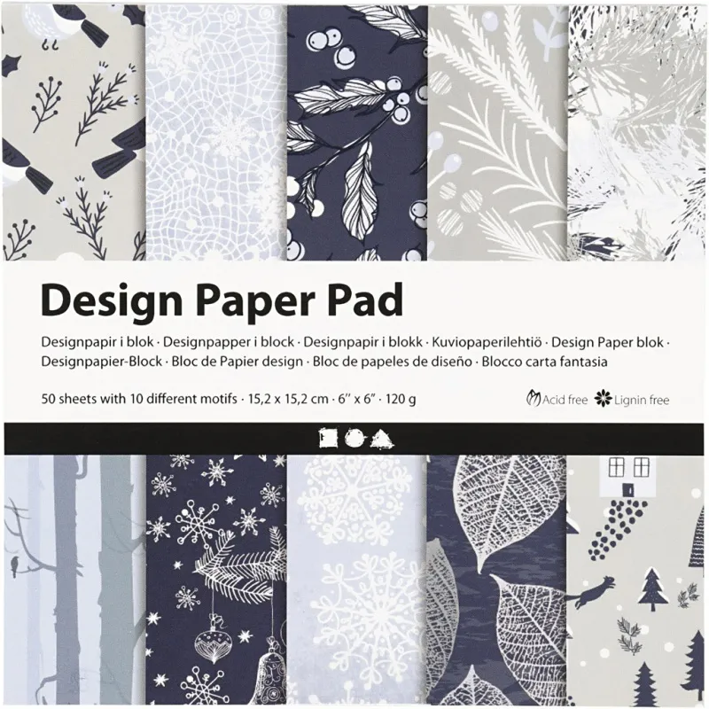Design-Papier im Block, Blatt 15,2x15,2 cm, 120 g, Blau, Grau, 50 Bl./ 1 Pck