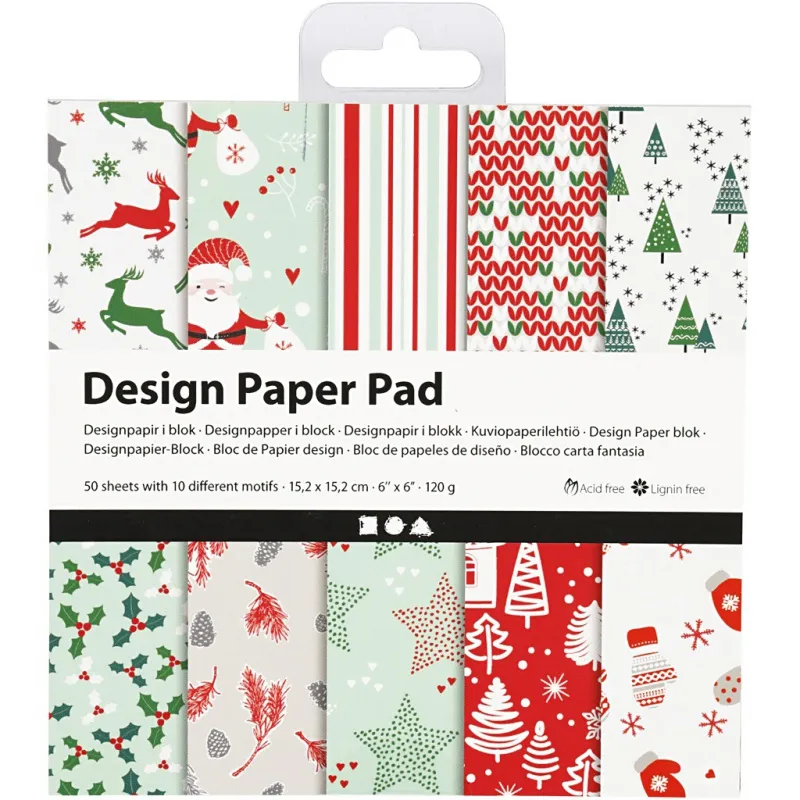 Design-Papier im Block, Blatt 15,2x15,2 cm, 120 g, Grün, Rot, Weiß, 50 Bl./ 1 Pck