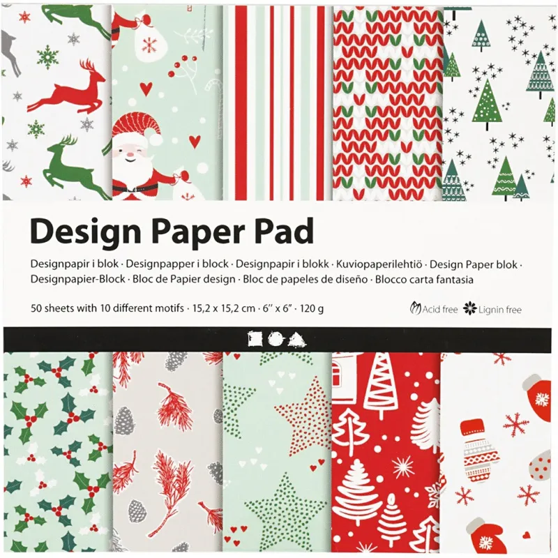 Design-Papier im Block, Blatt 15,2x15,2 cm, 120 g, Grün, Rot, Weiß, 50 Bl./ 1 Pck