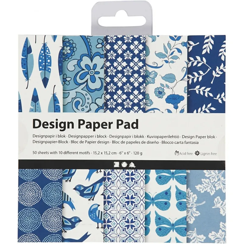 Design-Papier im Block, Blatt 15,2x15,2 cm, 120 g, Blau, 50 Bl./ 1 Pck