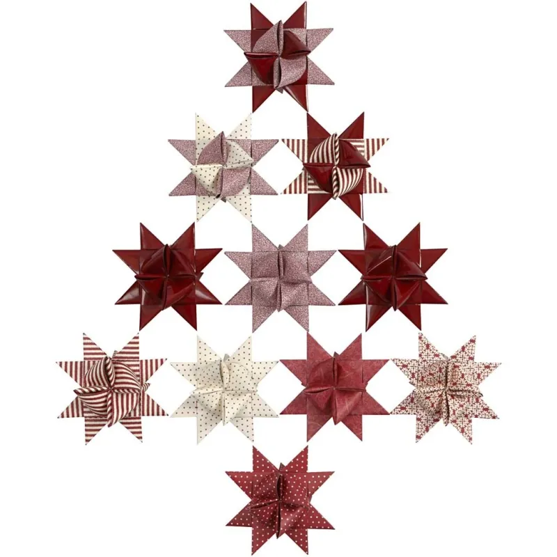 Papierstreifen für Fröbelsterne, L 44+78 cm, D 6,5+11,5 cm, B 15+25 mm, Glitter,Lack, Rot, 40 Streifen/ 1 Pck