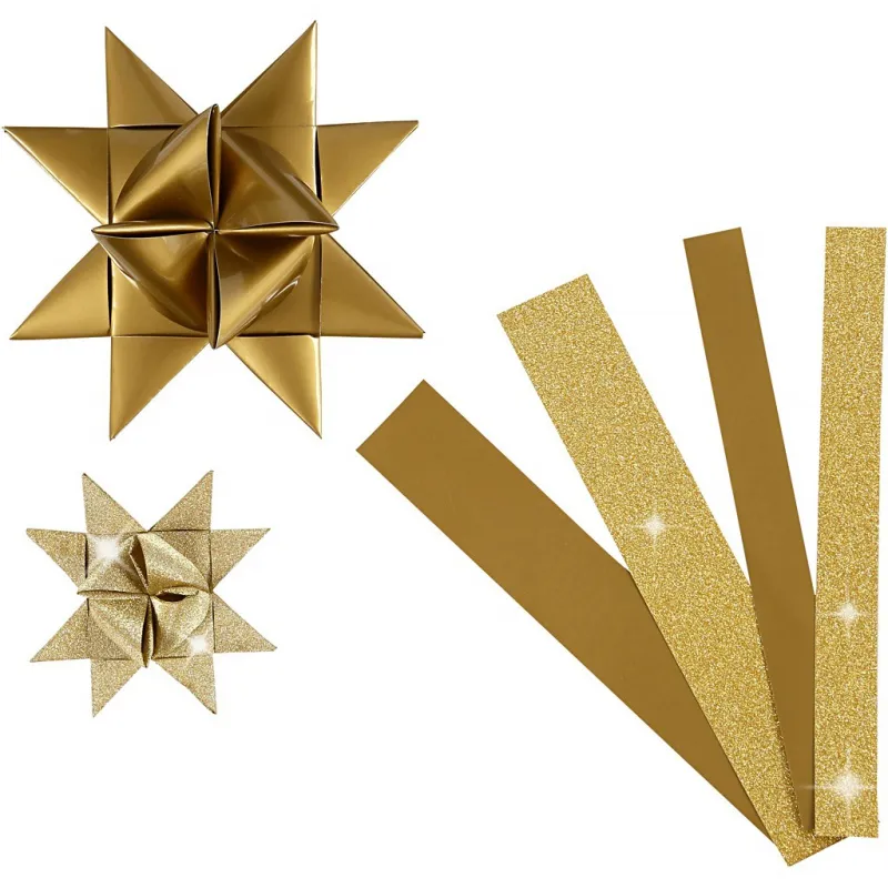 Papierstreifen für Fröbelsterne, L 44+78 cm, B 15+25 mm, D 6,5+11,5 cm, Glitter,Lack, Gold, 40 Streifen/ 1 Pck