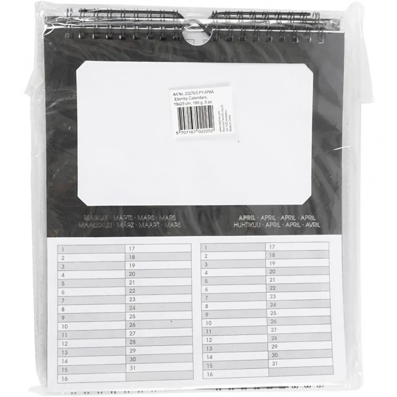 Ewiger Kalender, Größe 19x23 cm, Lochgröße 15,3x9,2 cm, 180 g, 5 Stk/ 1 Pck