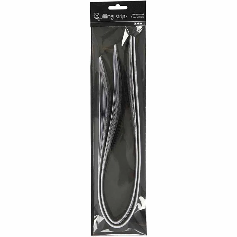 Quilling-Streifen, L 78 cm, B 5 mm, 120 g, Schwarz, Grau, Weiß, 100 Stk/ 1 Pck