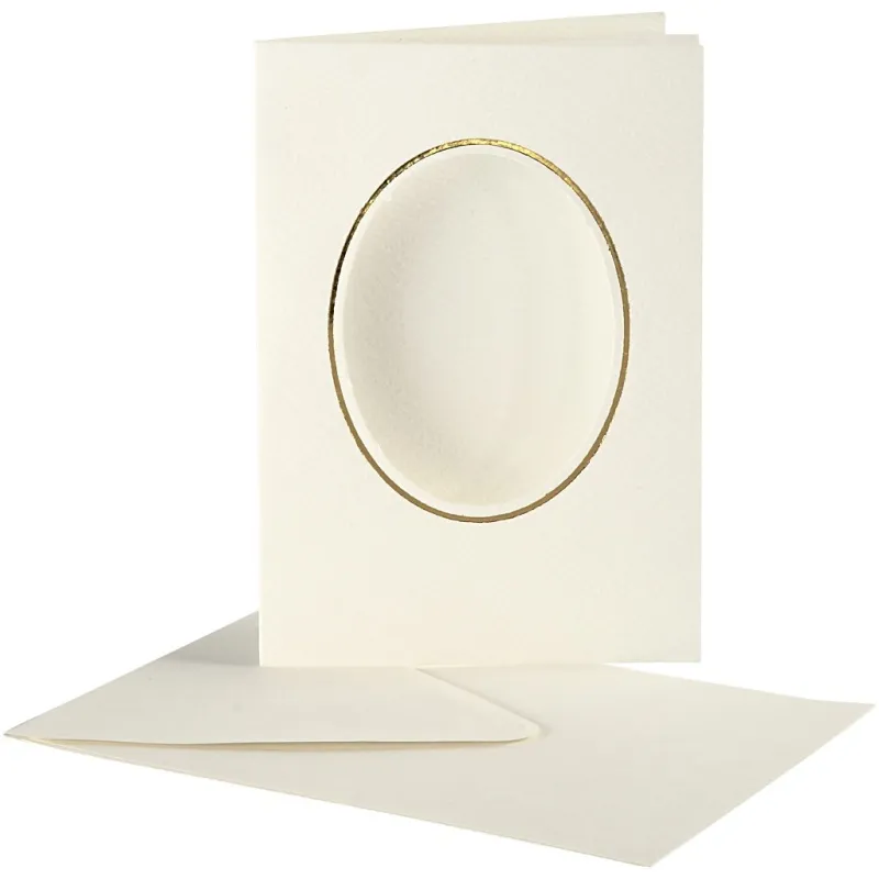 Passepartout-Karten mit Kuverts, Ovaler Ausschnitt mit Goldkante, Kartengröße 10,5x15 cm, Umschlaggröße 11,5x16,5 cm, Naturweiß, 10 Set/ 1 Pck