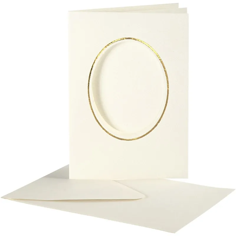 Passepartout-Karten mit Kuverts, Ovaler Ausschnitt mit Goldkante, Kartengröße 10,5x15 cm, Umschlaggröße 11,5x16,5 cm, Naturweiß, 10 Set/ 1 Pck